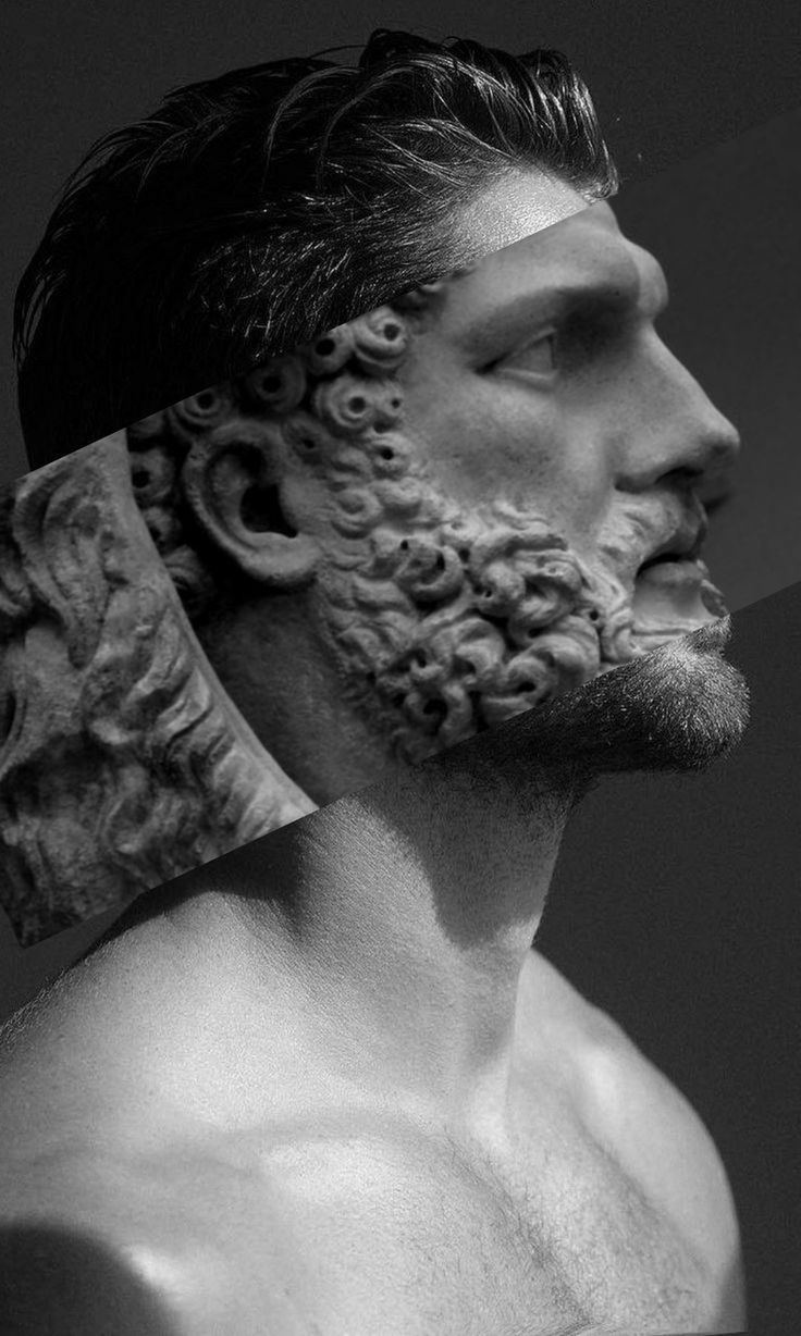 Colagem de perfil masculino com fragmento de escultura clássica